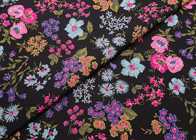 Фото ткани Натуральный шелк тип Valentino с цветами (репсовый шелк), цвет - черный