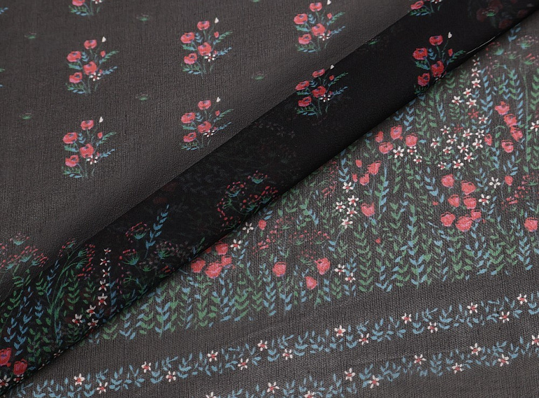 Фото ткани Шифон с цветами (купон), цвет - черный