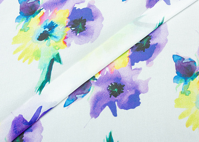 Фото ткани Шифон, цвет -  молочный, фиолетовый, желтый, синий, зеленый, цветы