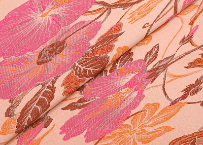 Фото ткани Жаккард с рисунком, цвет - пудра, розовый, фуксия, цветы