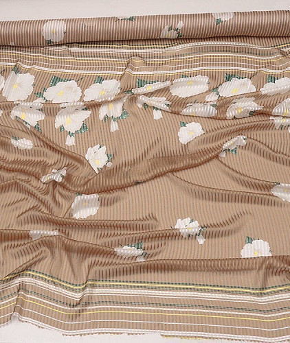 Шифон тип Valentino с рисунком, цвет - бежевый, полоска, цветы. Изображение 5