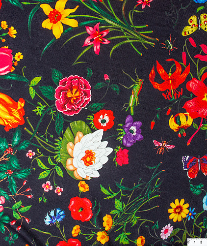 Трикотаж тип Gucci с рисунком, цвет - желтый, красный, зеленый, черный, голубой, оранжевый, цветы. Изображение 2
