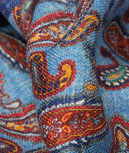 Натуральный шелк тип Etro с рисунком (купон), цвет - синий, бирюзовый, пейсли. Изображение 4