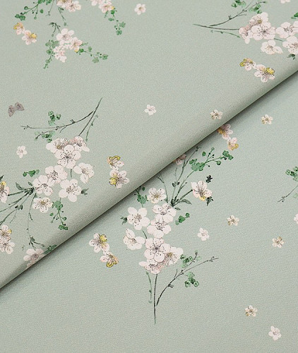 Натуральный шелк с белыми цветами, цвет - мятный. Изображение 1