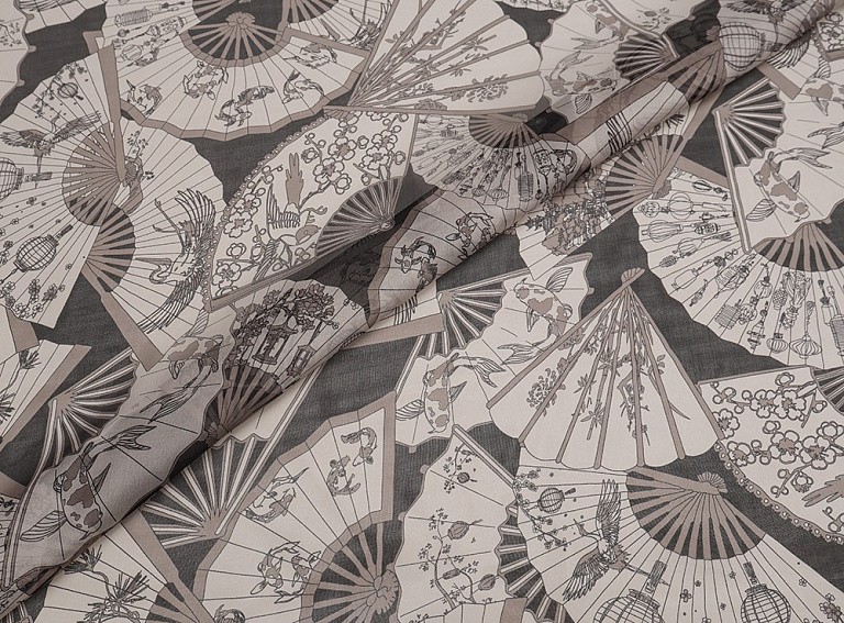 Фото ткани Шифон с веером, цвет - бежевый, черный