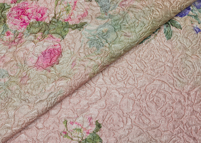 Фото ткани Матлассе с рисунком, цвет - розовый, зеленый, фуксия, цветы