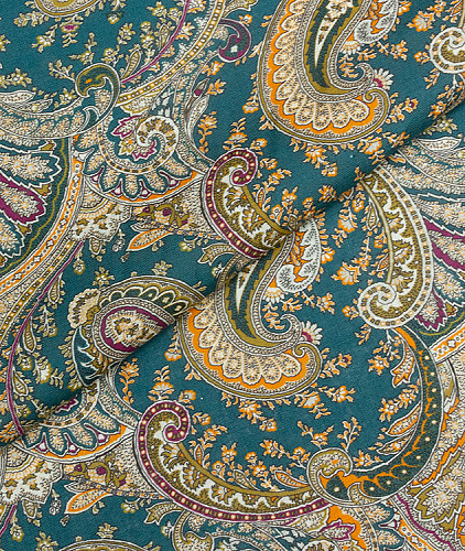 Льняная ткань тип Etro с рисунком, цвет - зеленый и пейсли. Изображение 1