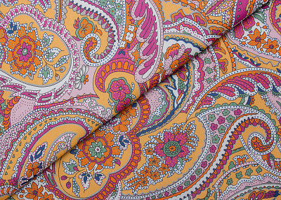Фото ткани Шифон тип Etro, цвет - фуксия, оранжевый, зеленый, пейсли
