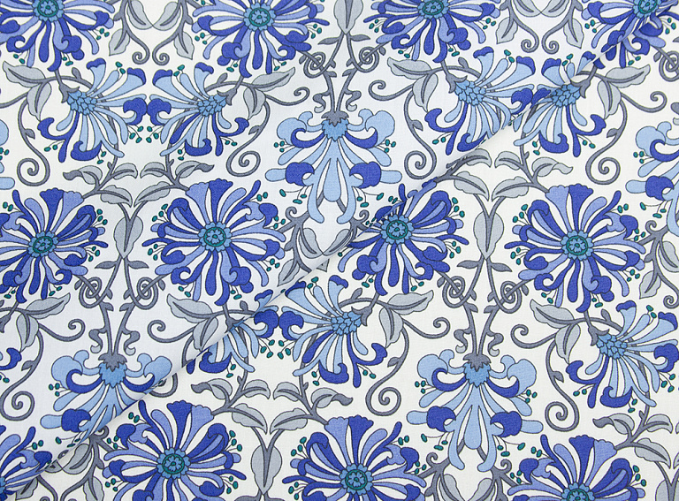 Фото ткани Хлопковая ткань тип Liberty, цвет - серый, синий, белый, голубой, цветы