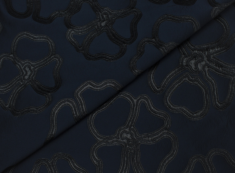 Фото ткани Шерстяной жаккард (одиночные цветы), цвет - темно-синий и цветы