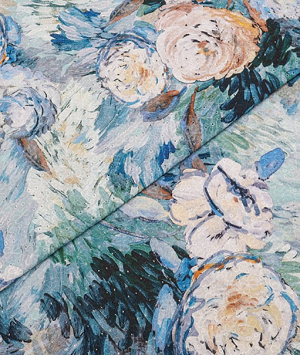 Хлопковое шитье с рисунком, цвет - голубой, бирюзовый, цветы. Изображение 1