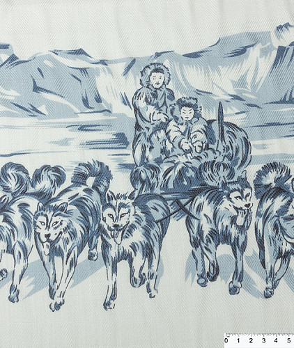 Кашемировый платок с рисунком (купон) тип Rani Arabella, цвет - синий, молочный, собаки, эскимосы. Изображение 3