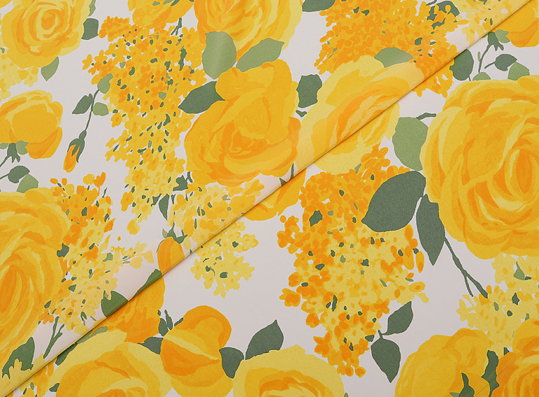 Фото ткани Натуральный шелк с розами тип Valentino, цвет - желтый, белый