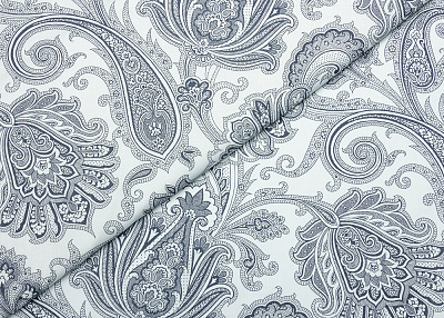 Фото ткани Хлопковая ткань тип Etro, цвет -  белый, темно-синий, пейсли