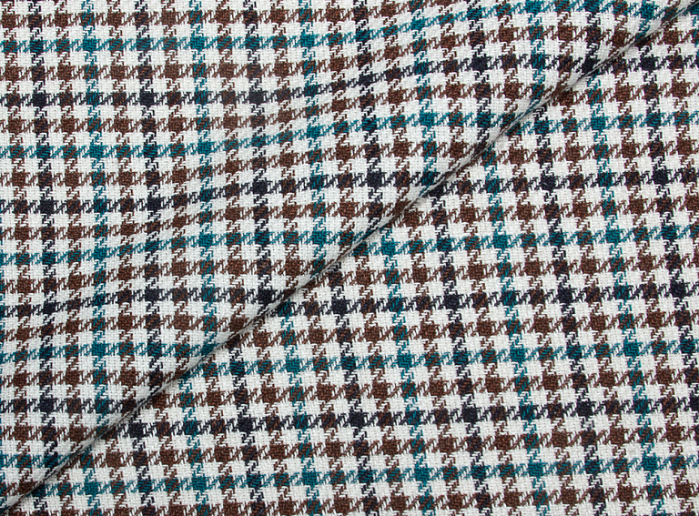 Фото ткани Шерстяная ткань, цвет - синий, коричневый, бирюзовый, молочный, клетка, гусиная лапка