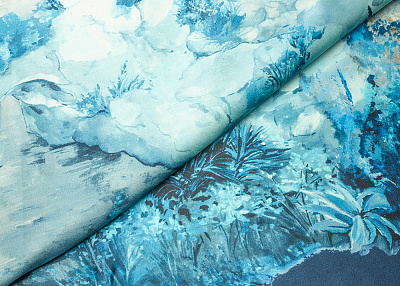 Фото ткани Натуральный шелк, цвет - бирюзовый, синий, рисунок