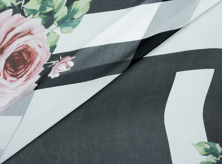 Фото ткани Шифон тип Dolce&Gabbana с рисунком (купон), цвет - белый, черный, полоска