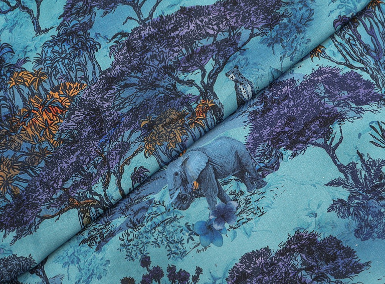 Фото ткани Льняная ткань тип Dior с рисунком Туаль-де-Жуи, цвет - бирюзовый