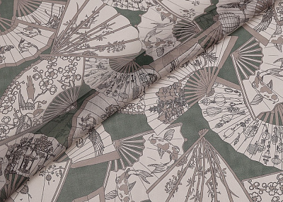 Фото ткани Шифон с веером, цвет - бежевый, зеленый