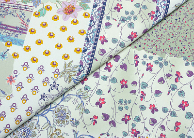 Фото ткани Хлопковая ткань тип Etro, цвет - желтый, синий, розовый, белый, зеленый, цветы