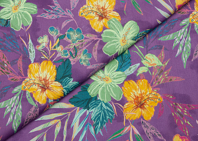 Фото ткани Батист Liberty, цвет - зеленый, сиреневый, лиловый, цветы