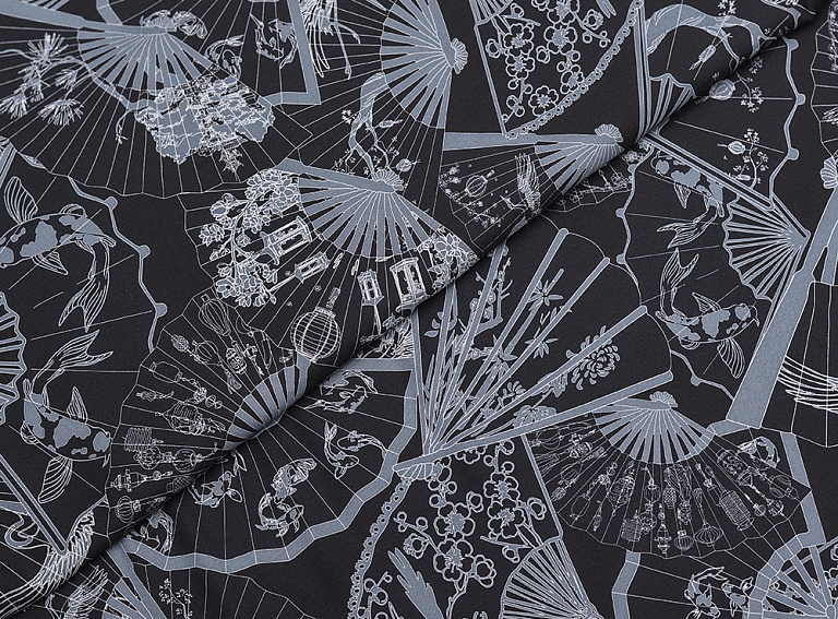 Фото ткани Натуральный шелк с веером, цвет - синий