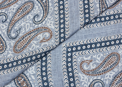 Фото ткани Льняная ткань, цвет - синий, белый, коричневый, пейсли