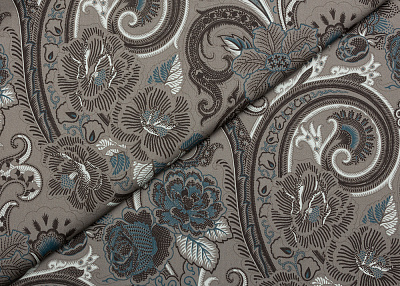 Фото ткани Хлопковая ткань, цвет - серый, синий, белый, цветы, пейсли