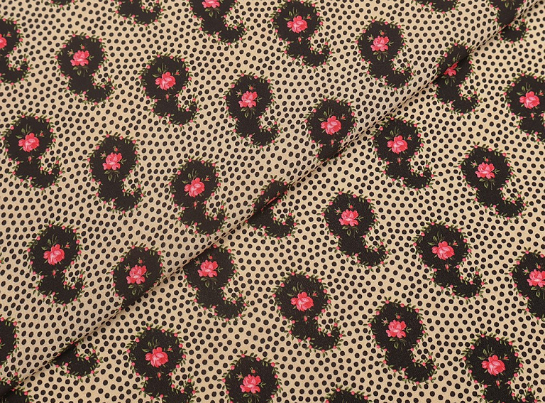 Фото ткани Натуральный шелк тип Valentino, цвет - бежевый, цветы, горох