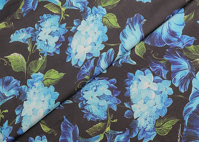 Фото ткани Шифон тип Dolce&Gabbana с цветами, цвет - синий, черный