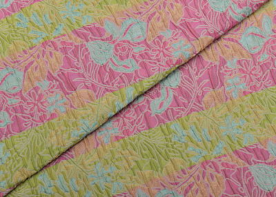 Фото ткани Ткань матлассе с рисунком, цвет - розовый, зеленый, голубой, полоска, цветы