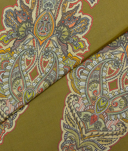Шифон с рисунком (купон) тип Etro, цвет - хаки, пейсли. Изображение 1