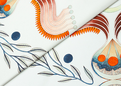 Фото ткани Натуральный шелк тип Etro (купон), цвет - синий, бордовый, оранжевый, молочный, рисунок