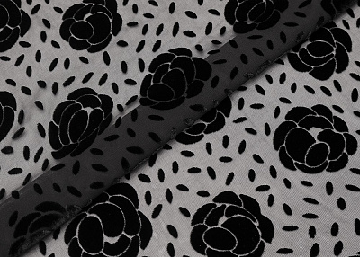 Фото ткани Шелк деворе тип Yves Saint Laurent, цвет - черный и цветы
