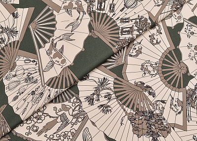 Фото ткани Натуральный шелк с веером, цвет - бежевый, зеленый