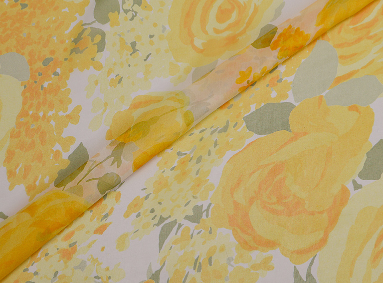 Фото ткани Шифон с розами тип Valentino, цвет - желтый, белый