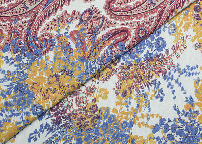 Фото ткани Льняная ткань, цвет - желтый, розовый, голубой, горчица, пейсли