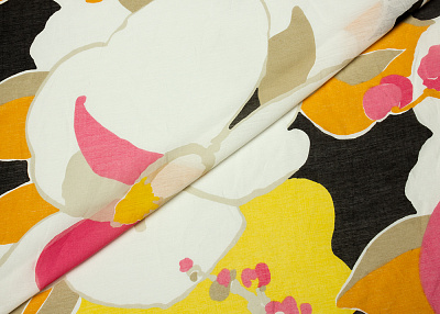 Фото ткани Батист, цвет - желтый, розовый, белый, черный, цветы