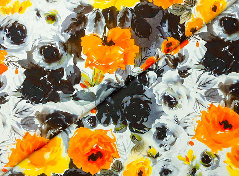 Фото ткани Хлопковая ткань, цвет - желтый, белый, черный, оранжевый, цветы