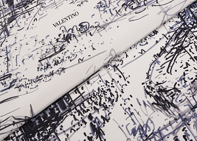 Фото ткани Натуральный шелк тип Valentino с рисунком, цвет - белый