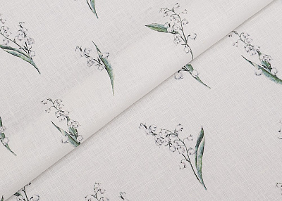 Фото ткани Льняная ткань ландыши тип Dior с рисунком, цвет - белый и цветы