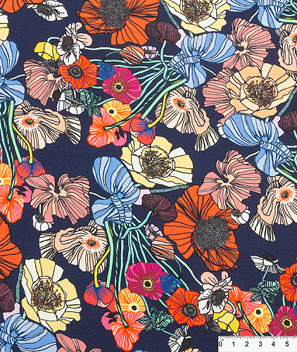 Твиловый шелк тип Paul Smith, цвет - синий, красный, желтый, цветы, маки. Изображение 6