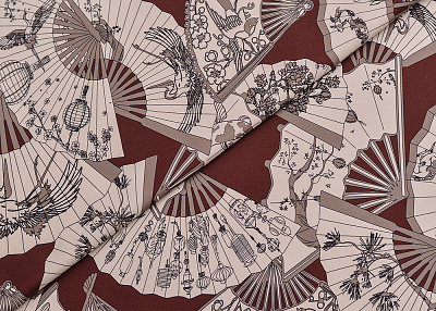 Фото ткани Натуральный шелк с веером, цвет - бежевый с бордовым