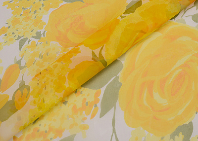 Фото ткани Шелковая органза с розами тип Valentino, цвет - желтый, белый