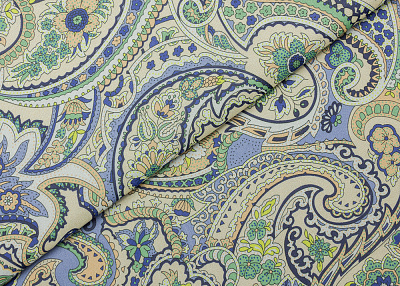 Фото ткани Шифон тип Etro, цвет - синий, зеленый, молочный, пудра, пейсли