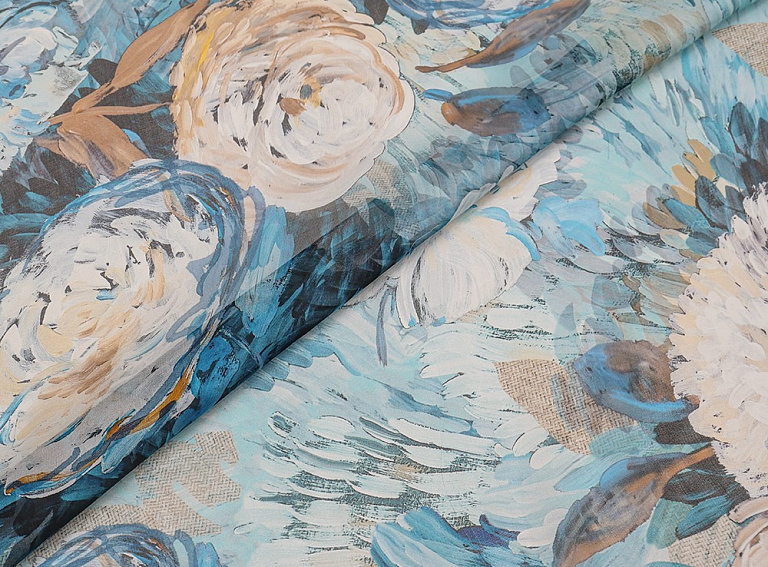 Фото ткани Шифон с цветами, цвет - бирюзово-голубой