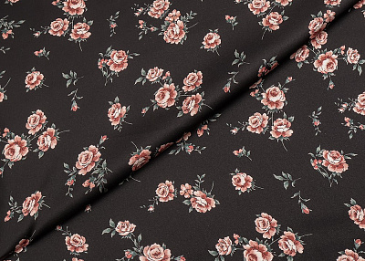 Фото ткани Натуральный шелк с мелкими розами, цвет - черный