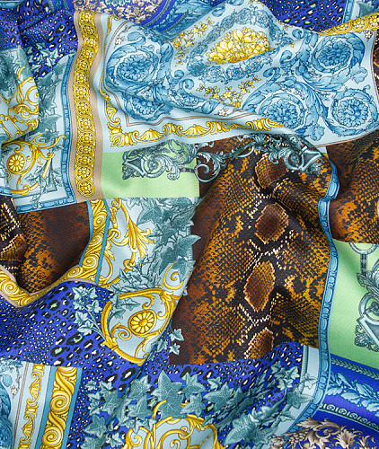 Джинса тип Versace, цвет - желтый, коричневый, зеленый, голубой, сиреневый, цветы. Изображение 4