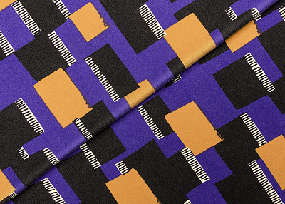Фото ткани Натуральный шелк, цвет - фиолетовый, горчица, черный, белый, рисунок