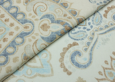 Фото ткани Кашемировая ткань с рисунком, цвет - синий, коричневый, молочный, пейсли